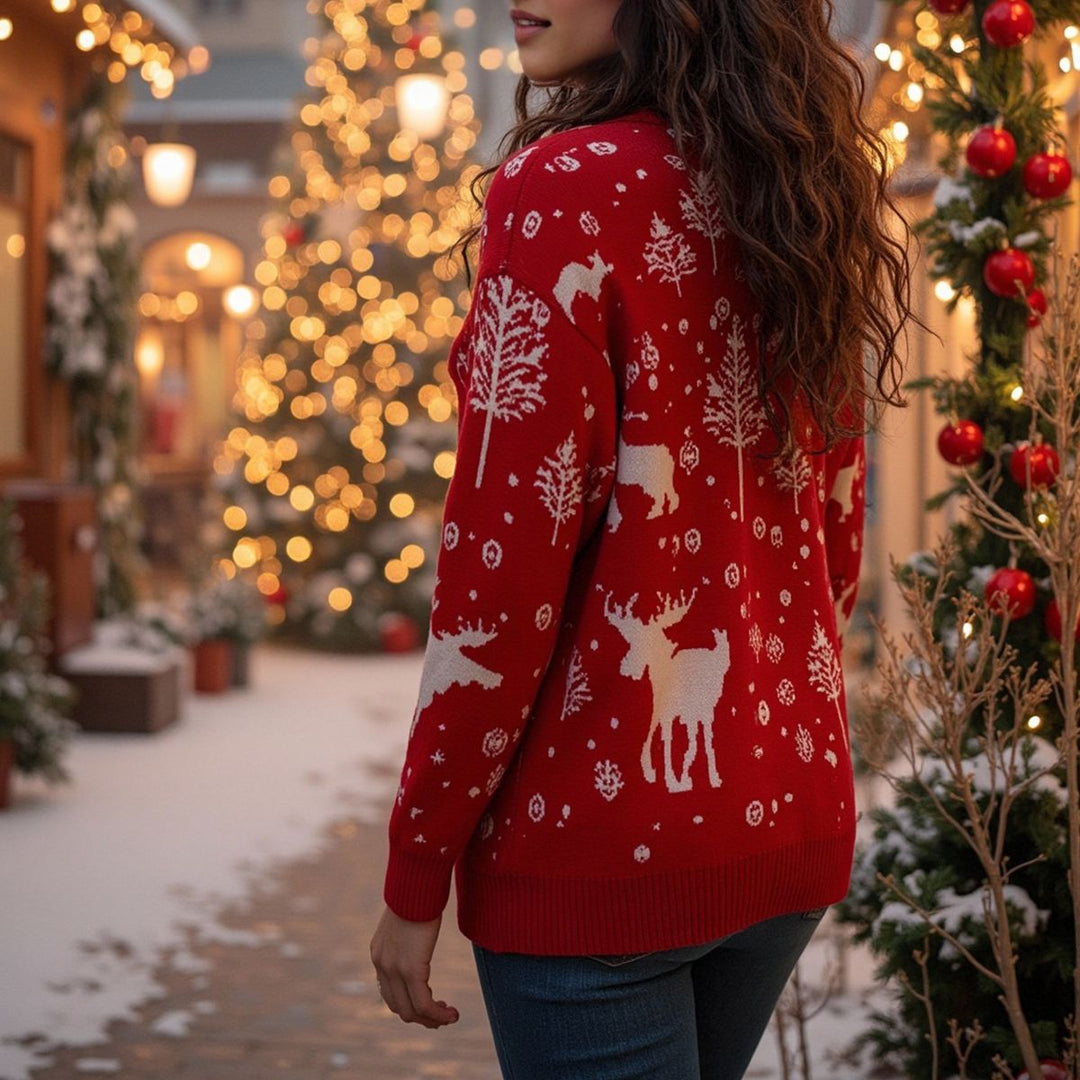Damen winterlicher Weihnachts-Pullover mit festlichem Elch-Design und hochgeschlossenem Kragen EB