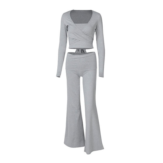 Damen modisches Two-Piece Set mit Wickeloberteil und Schlaghose EB