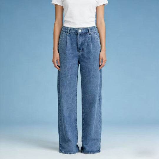 Damen nan hochgeschnittene Bundfalten-Weitbein-Jeans mit hohem Bund und Gürtelschlaufen EB