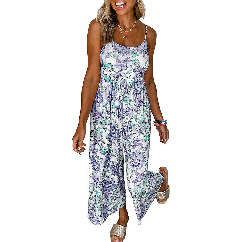 Damen luftiger Jumpsuit mit floralen Mustern und schmalen Trägern EB