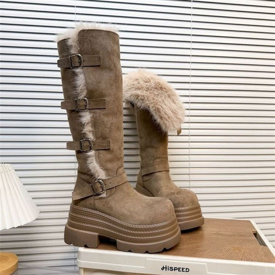 Damen Fleecegefütterte Winterstiefel mit modischen Schnallen und platform Sohle EB