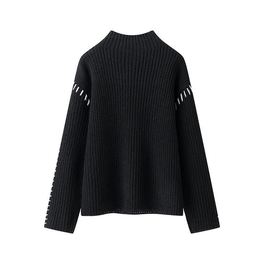 Damen modischer Strickpullover mit hohen Kragen und eleganten Seitendetails EB