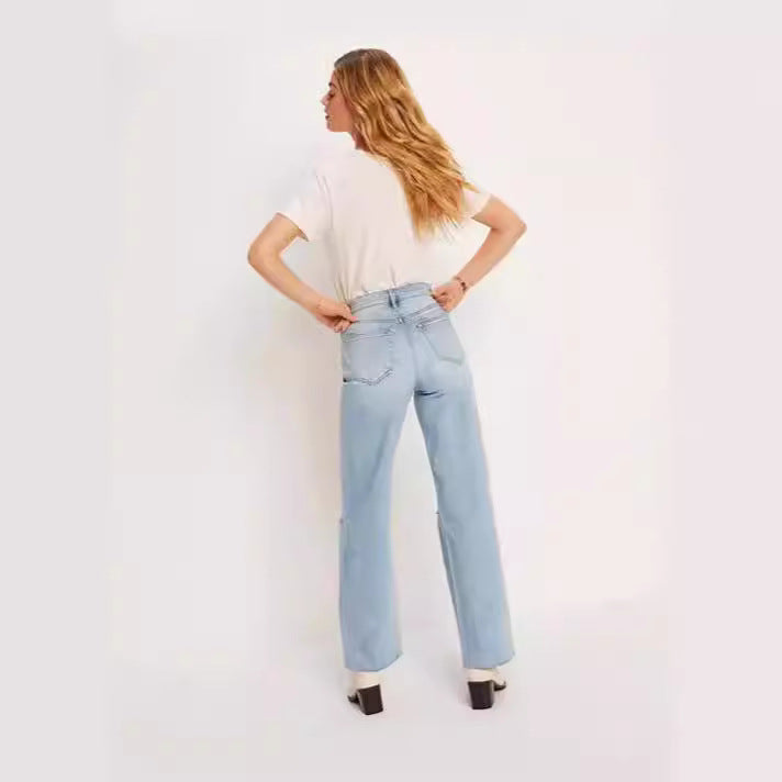 Damen High-Waist Jeans mit fransigem Saum und modischen Rissdetails EB