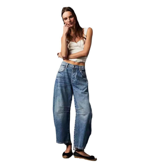Damen Weite Denim-Hose mit hohem Bund und lässigen Details EB