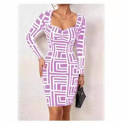 Damen Figurbetontes Langarmkleid mit geometrischem Muster und kreativem Ausschnitt EB