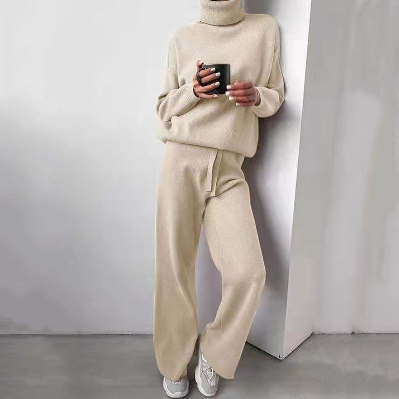 Damen elegantes Strick-Loungewear-Set mit hohem Kragen und weitem Bein EB