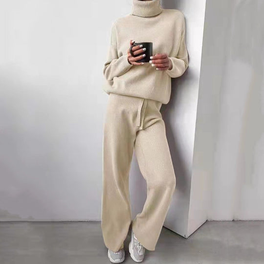 Damen elegantes Strick-Loungewear-Set mit hohem Kragen und weitem Bein EB