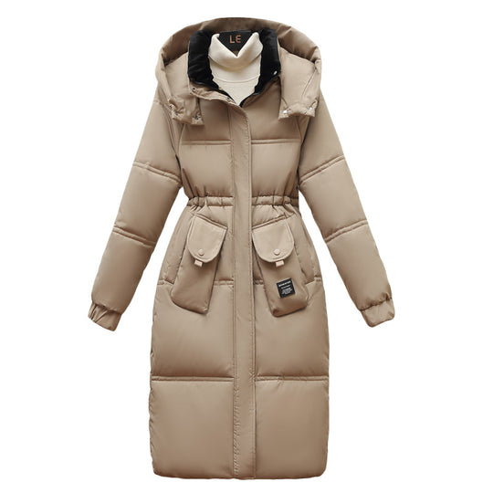 Damen Lange Pufferjacke mit abnehmbarer Kapuze und großen Taschen EB