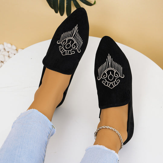Damen nan bestickte Wildlederoptik-Slipper mit spitzer Leistenform und flacher rutschfester Gummisohle EB