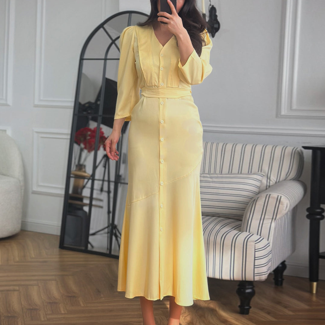 Damen Maxi-Kleid mit Knopfleiste und eleganten Puffärmeln EB