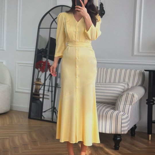 Damen Maxi-Kleid mit Knopfleiste und eleganten Puffärmeln EB