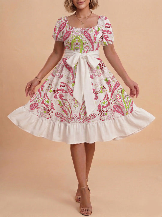 Damen elegantes Maxikleid mit floralem Design und Taillengürtel EB