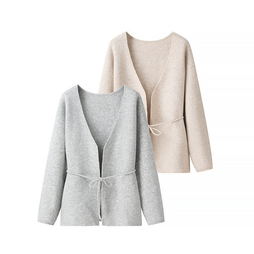Damen Kuscheliger Strickcardigan mit tiefem V-Ausschnitt und Taillenkordel EB