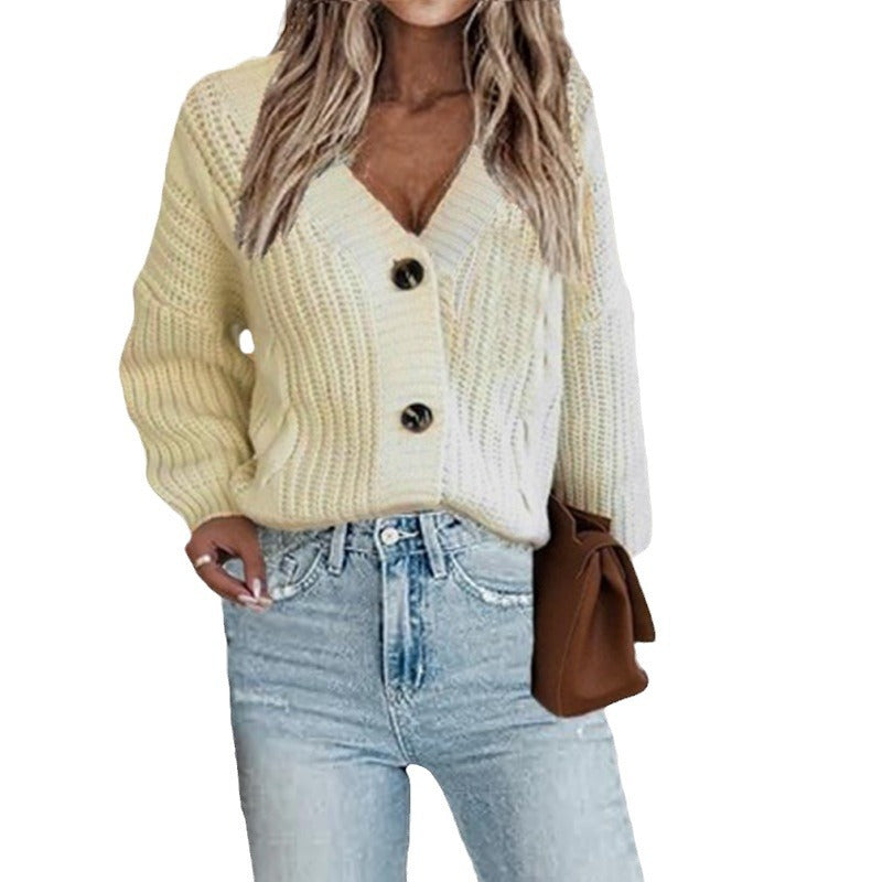 Damen Strickjacke mit modischem V-Ausschnitt und großen Knöpfen EB