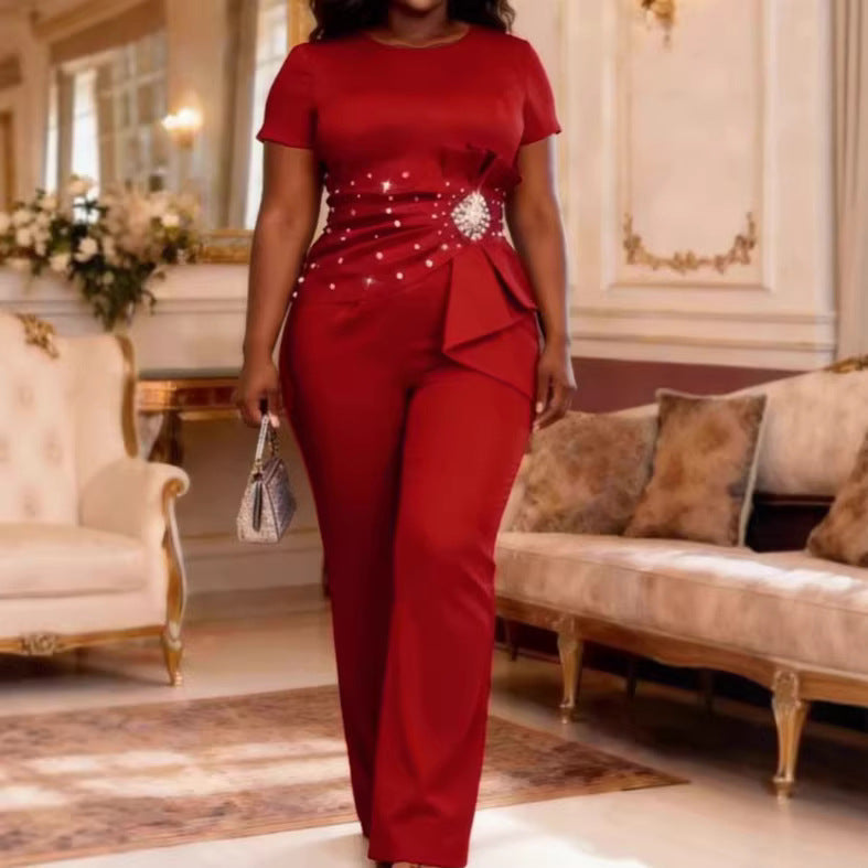Damen elegante Jumpsuit mit figurbetonter Silhouette und Rüschendetails EB