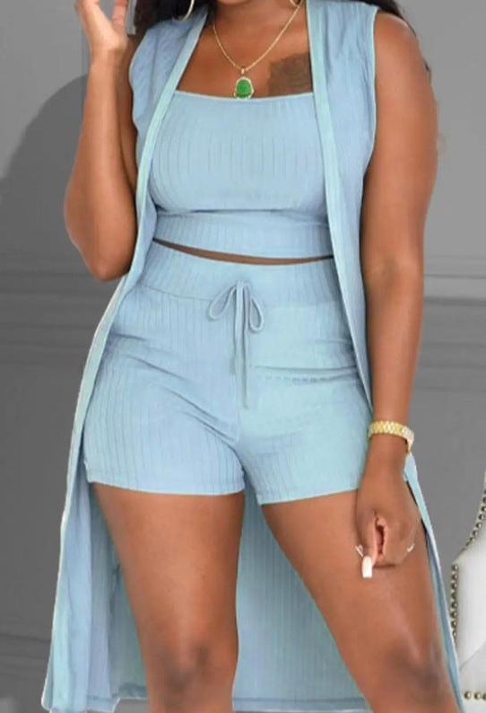 Damen lässiges 3-teiliges Set bestehend aus Crop-Top, Shorts und langem Cardigan EB