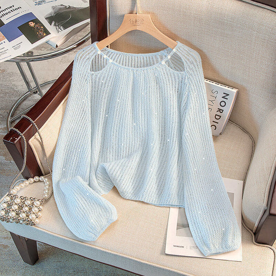 Damen lässiger Pullover mit Off-Shoulder Design und funkelnden Details EB