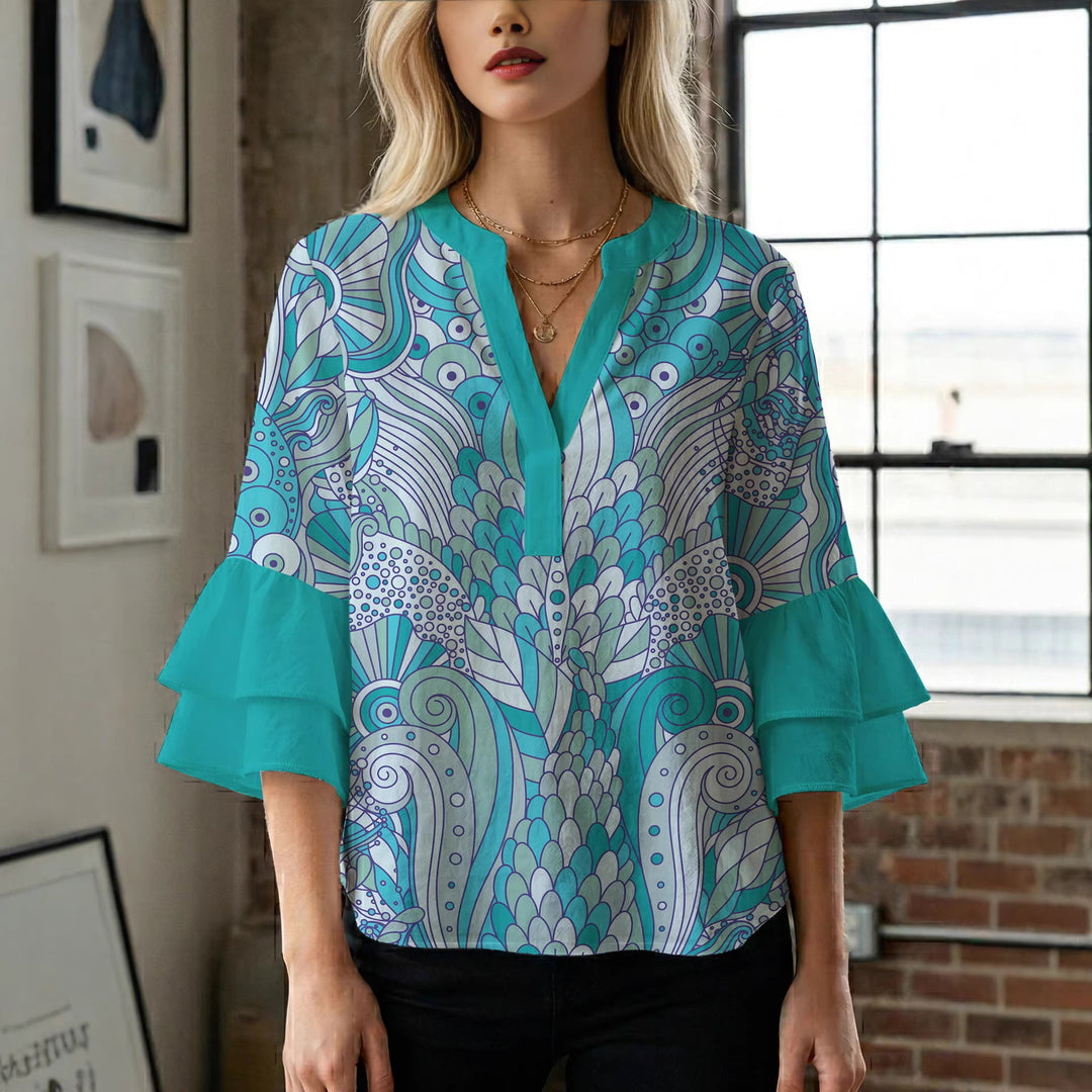 Damen Bluse mit voluminösen Rüschenärmeln und kreativem Floraldesign EB