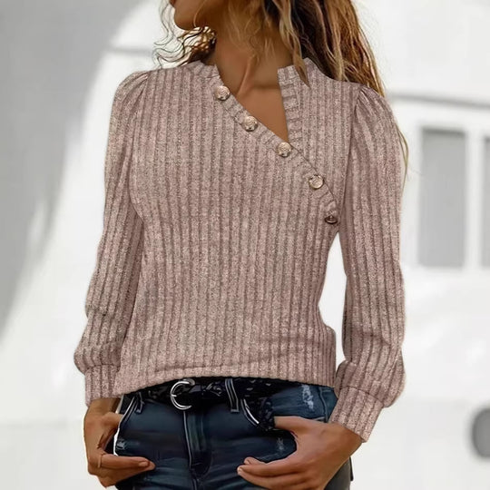 Damen Gerippter Feinstrickpullover mit asymmetrischer Knopfleiste EB