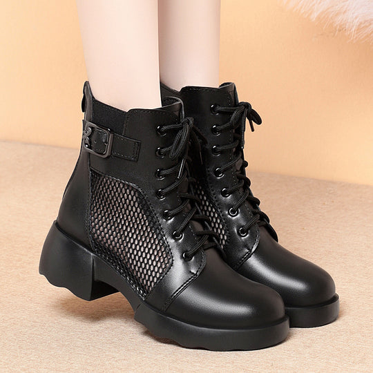 Damen Modische Schnürstiefeletten mit atmungsaktivem Netzdesign und komfortablem Blockabsatz EB