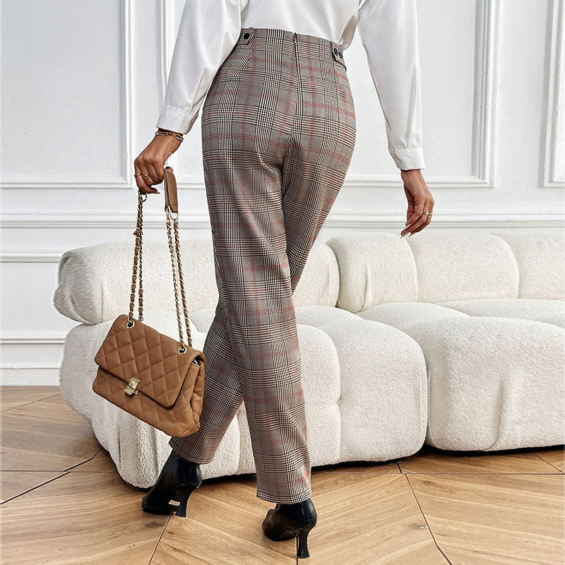 Damen Karottenhose mit hochgezogenem Bund und modischem Karo-Muster EB