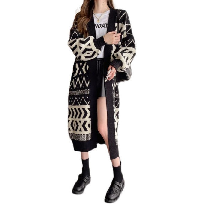 Damen Strickcardigan mit geometrischem Muster und knöpfbarem Design EB