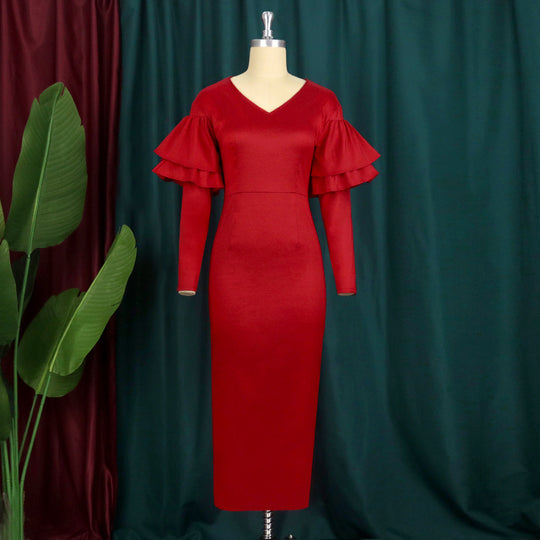 Damen Langarmkleid mit voluminösen Puffärmeln und V-Ausschnitt EB