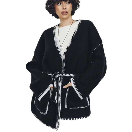 Damen Strickjacke mit weitem Schnitt und dekorativem Gürtel EB