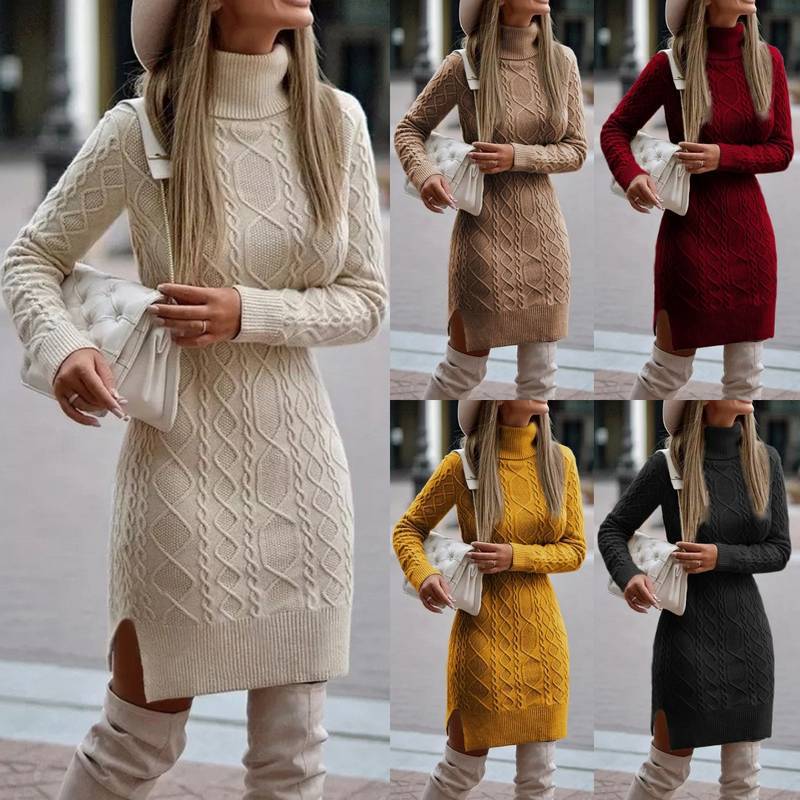 Damen nan figurbetontes Strickkleid mit Rollkragen, Zopfmuster, seitlichem Schlitz und geripptem Saum EB