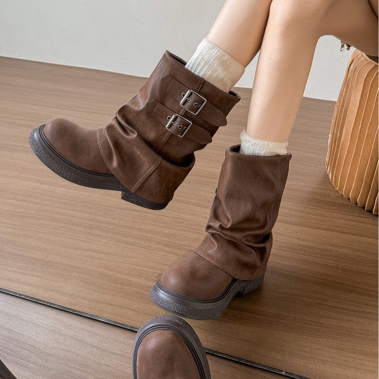 Damen modische Winterstiefel mit modischem Falten-Design und dekorativen Schnallen EB