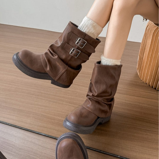 Damen modische Winterstiefel mit modischem Falten-Design und dekorativen Schnallen EB
