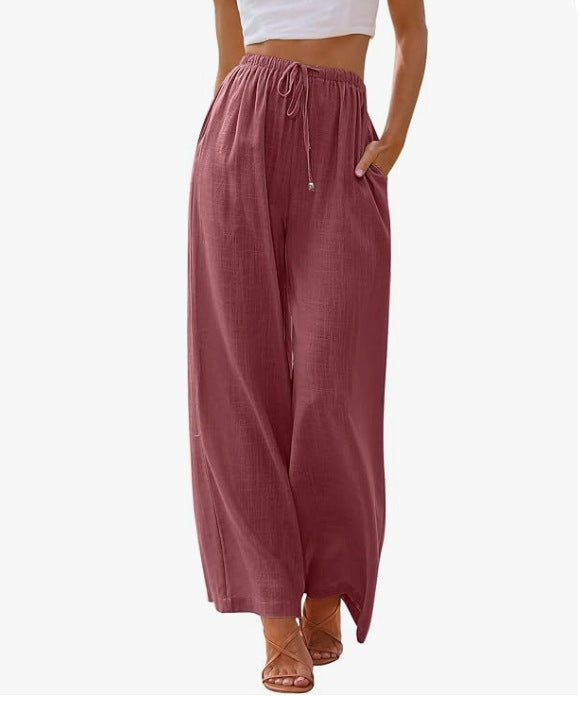 Damen nan weite Leinenhose mit elastischem Bund Kordel und Seitentaschen EB