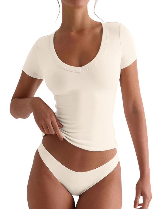 Damen figurbetontes V-Neck T-Shirt mit kurzen Ärmeln EB