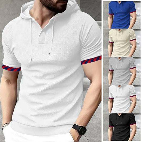 Herren nan schmal geschnittenes Kurzarm-Kapuzenshirt im Polostil mit Henley-Ausschnitt und karierter Ärmelmanschette EB
