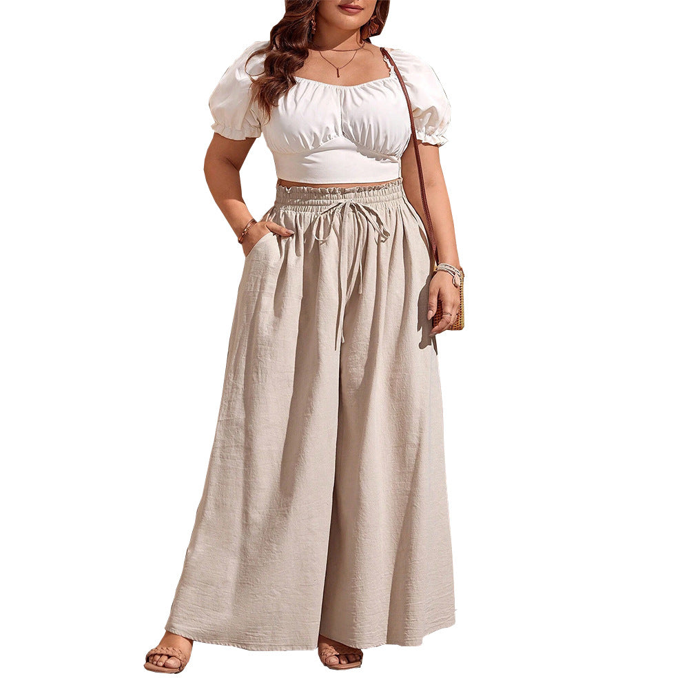 Damen weite Leinenhose mit elastischem Bund und seitlichen Taschen EB