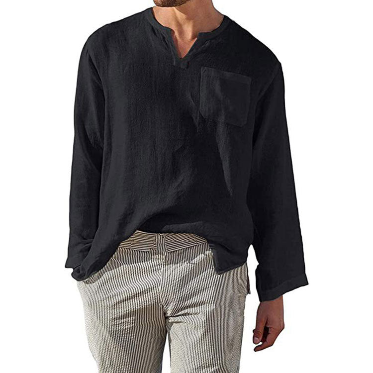 Herren Leinen Langarmshirt mit Henley-Ausschnitt und Brusttasche EB