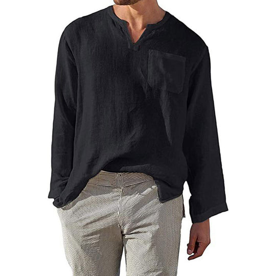 Herren Leinen Langarmshirt mit Henley-Ausschnitt und Brusttasche EB