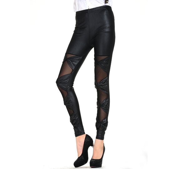 Damen Leggings mit transparenten Einsätzen und dekorativen Knoten EB