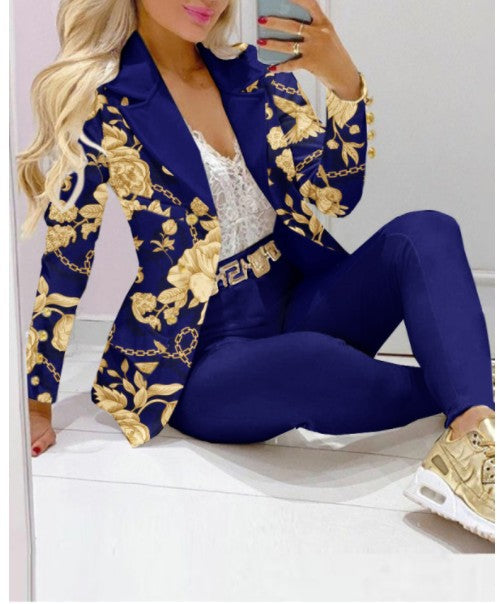 Damen Zweiteiliges Blazer-und-Hose-Set mit Schmetterlingsprint und glamourösem Glitzereffekt EB