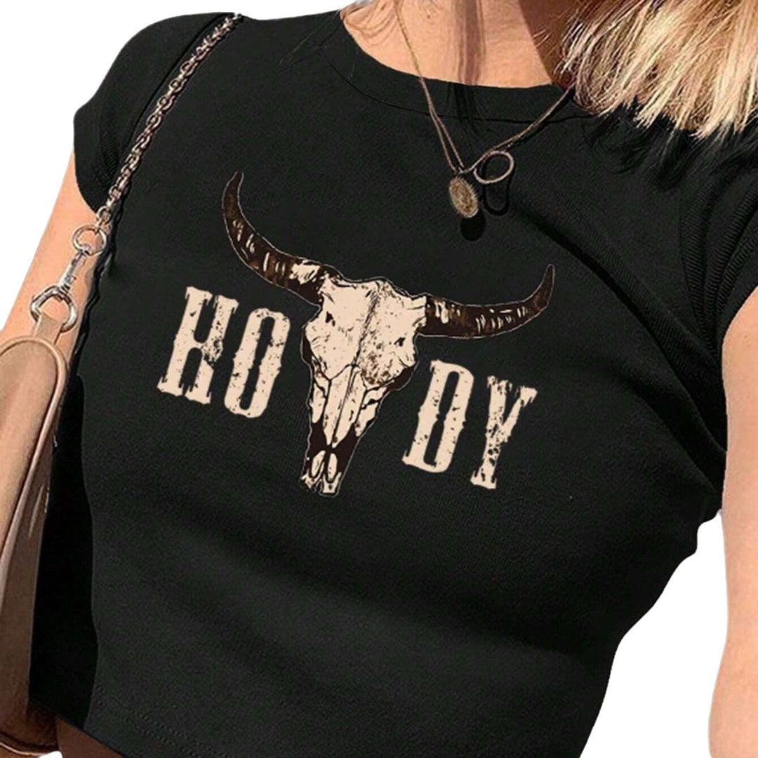 Damen Crop-T-Shirt mit kreativen Cow Skull Design EB