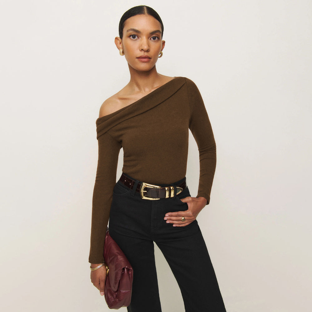 Damen Elegantes Langarmoberteil mit schrägem Ausschnitt und figurbetontem Schnitt EB