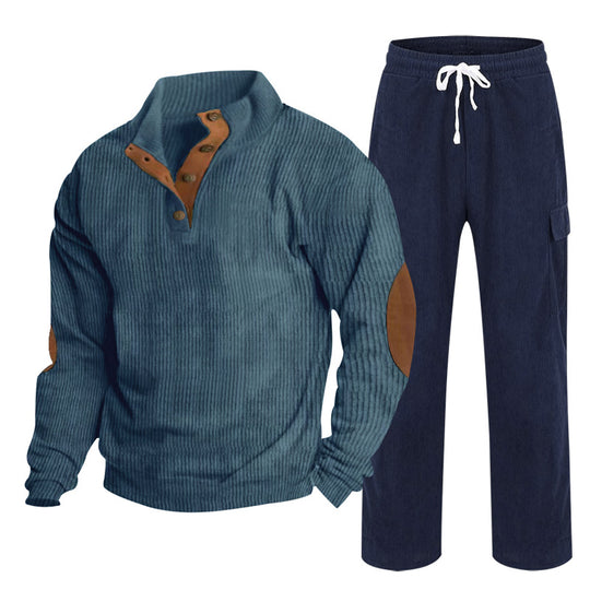 Herren nan strukturiertes Cord-Henley-Loungewear-Set mit Ellenbogenpatches und Cargo-Jogpant EB