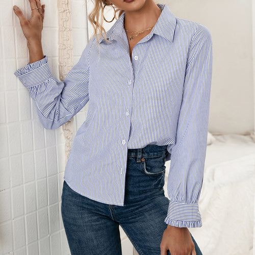 Damen Bluse mit Streifenmuster und modischem Knopfdetail EB