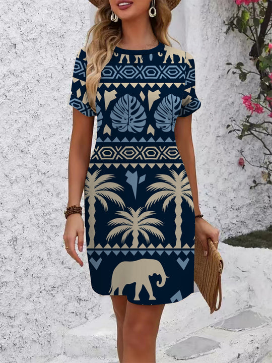 Damen lässiges Kurzarmkleid mit modernem Hahnentrittmuster und bequemer Passform EB