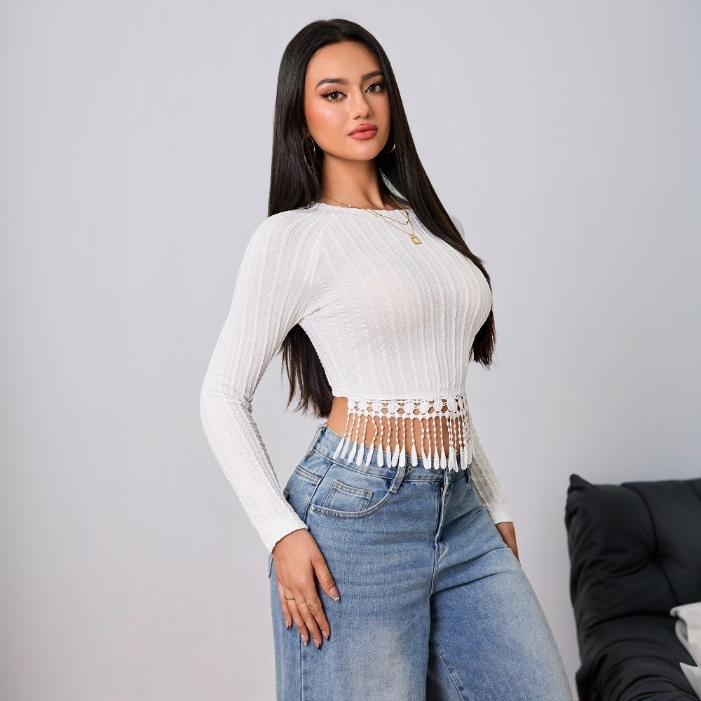 Damen gehäkeltes Crop-Longsleeve mit Fransen-Bordüre und Rippstruktur Eichborn Berlin