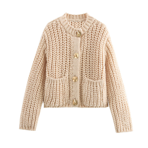 Damen strickige und warme Cardigan mit großen Taschen und goldenen Knöpfen EB