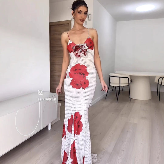 Damen Spaghettiträger Kleid mit floralem Print und Rüschen-Details EB