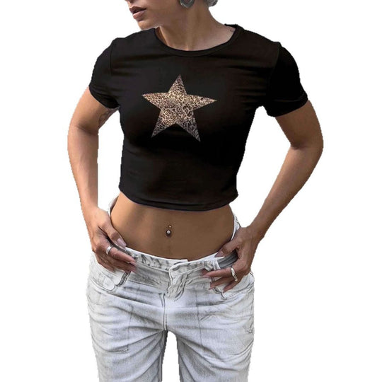 Damen Crop-T-Shirt mit stilvollem Leopardenstern-Design EB