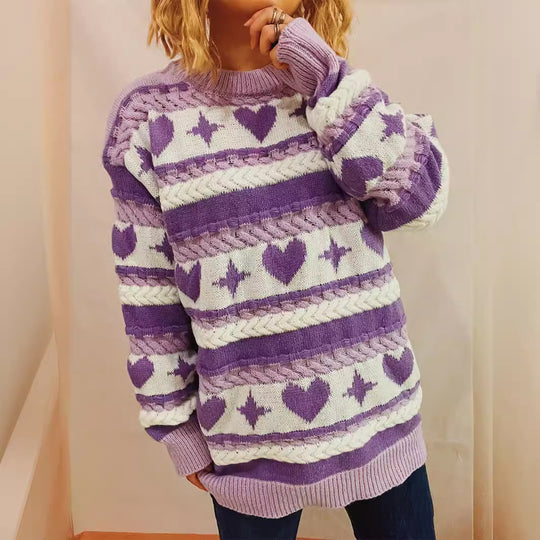 Damen Grobstrickpullover mit verspieltem Herzmuster und Zopfdetails EB