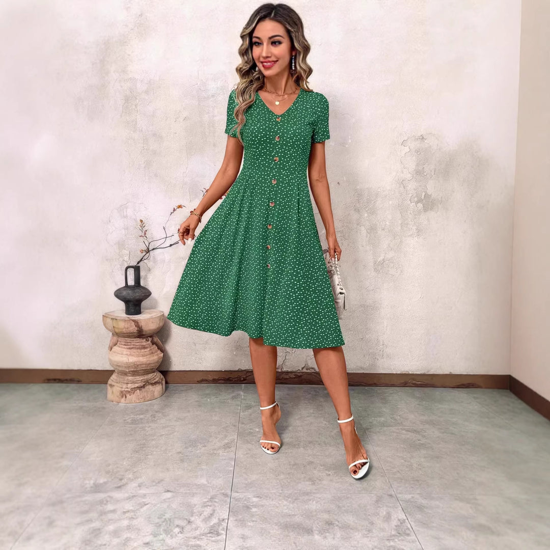Damen Knielanges Kleid mit V-Ausschnitt und Knopfdetails EB
